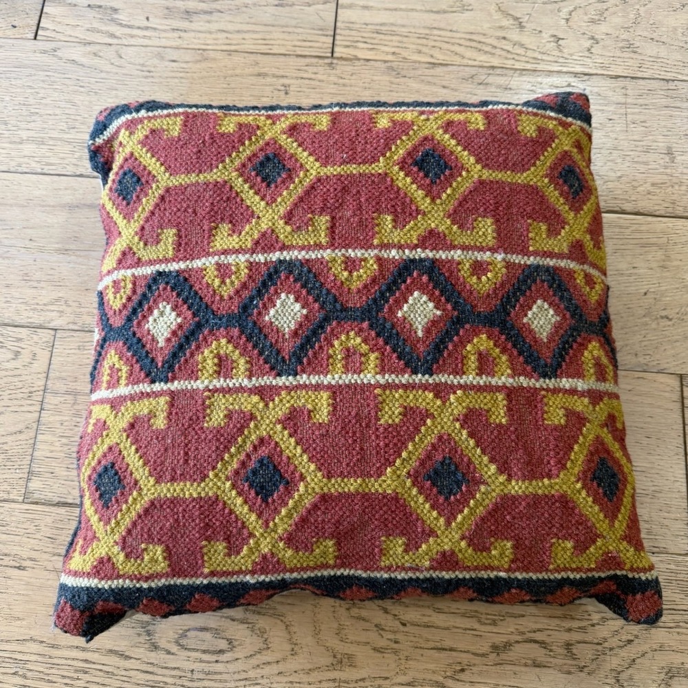 Handmade Wool Pillow Cover 16x16 Geometric Tribal Boho Red Yellow Black